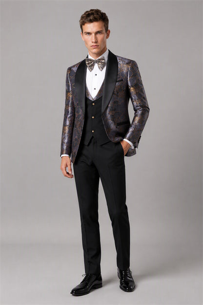 Men's Dark Purple Gold Floral Jacquard 3-Piece Tuxedo Suit Set – Walking Full Length | Savile GA0192