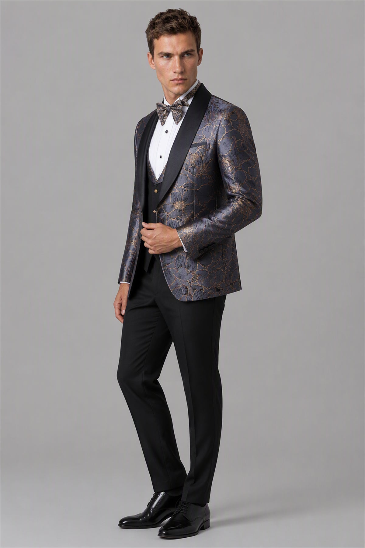 Men's Dark Purple Gold Floral Jacquard 3-Piece Tuxedo Suit Set – Front Full Length Standing | Savile GA0192