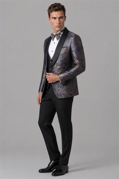 Men's Dark Purple Gold Floral Jacquard 3-Piece Tuxedo Suit Set – Front Full Length Standing | Savile GA0192
