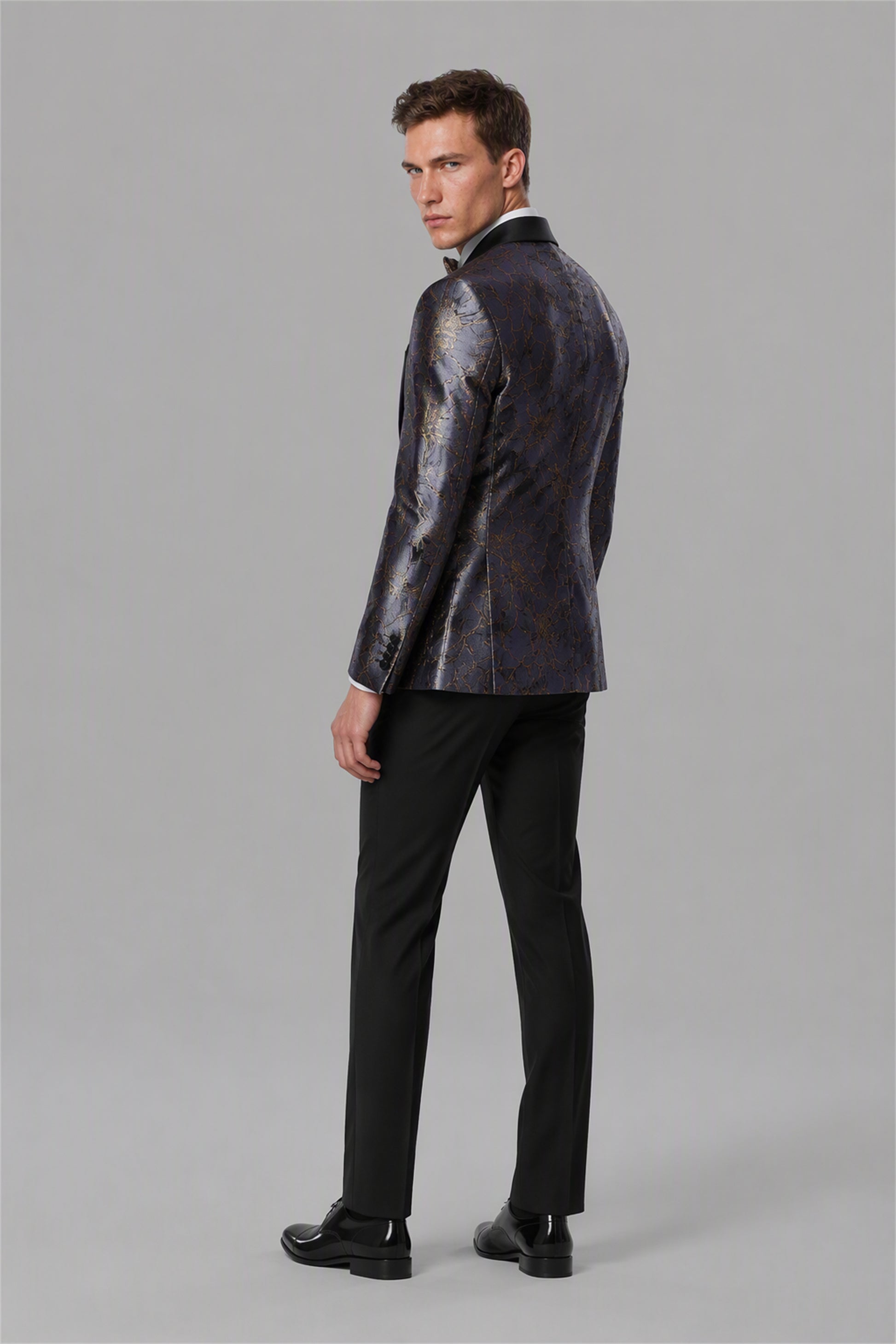 Men's Dark Purple Gold Floral Jacquard 3-Piece Tuxedo Suit Set – Side Full Length | Savile GA0192