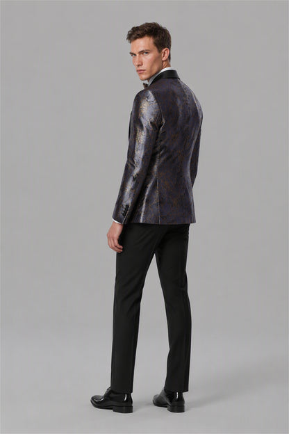 Men's Dark Purple Gold Floral Jacquard 3-Piece Tuxedo Suit Set – Side Full Length | Savile GA0192