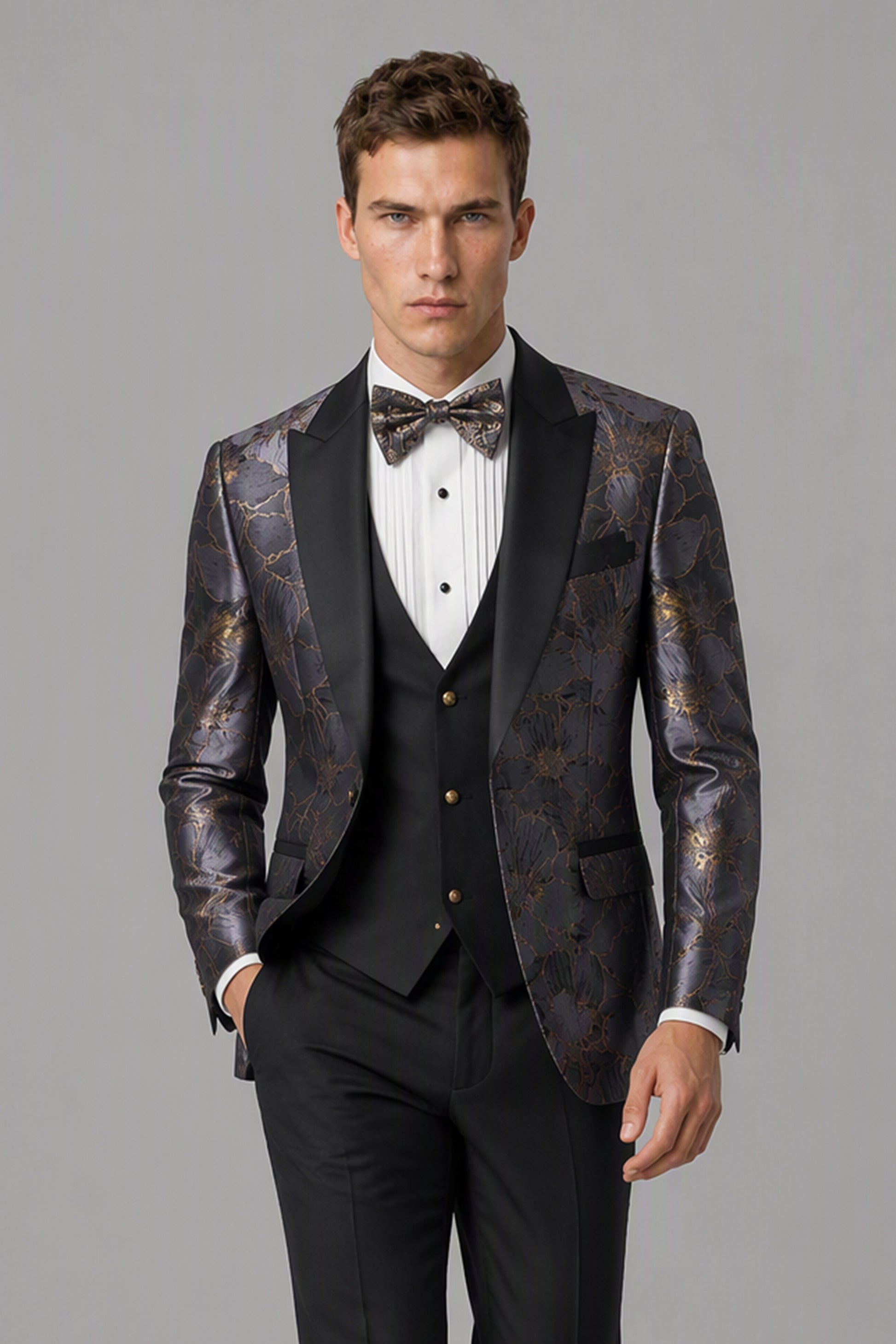 Men's Dark Purple Gold Floral Jacquard 3-Piece Tuxedo Suit Set – Back View | Savile GA0192