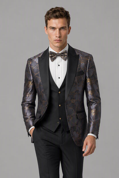 Men's Dark Purple Gold Floral Jacquard 3-Piece Tuxedo Suit Set – Back View | Savile GA0192