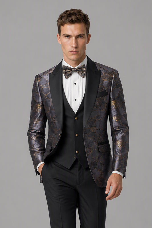 Men's Dark Purple Gold Floral Jacquard 3-Piece Tuxedo Suit Set – Back View | Savile GA0192