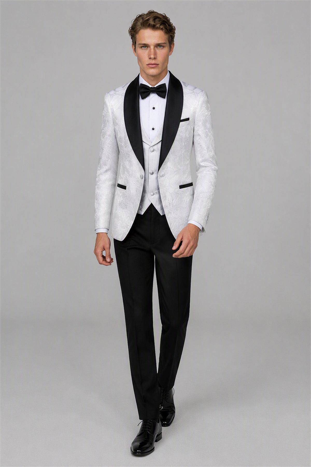 Men's White Floral Jacquard 3-Piece Tuxedo Suit Set – Side Full Length | Savile GA0192
