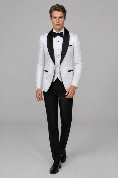 Men's White Floral Jacquard 3-Piece Tuxedo Suit Set – Side Full Length | Savile GA0192