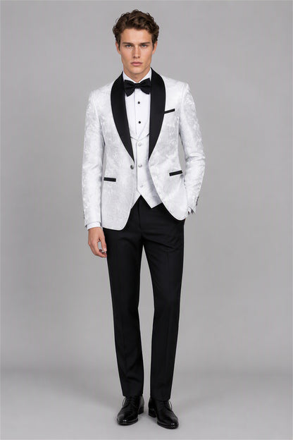 Men's White Floral Jacquard 3-Piece Tuxedo Suit Set – Front Full Length | Savile GA0192
