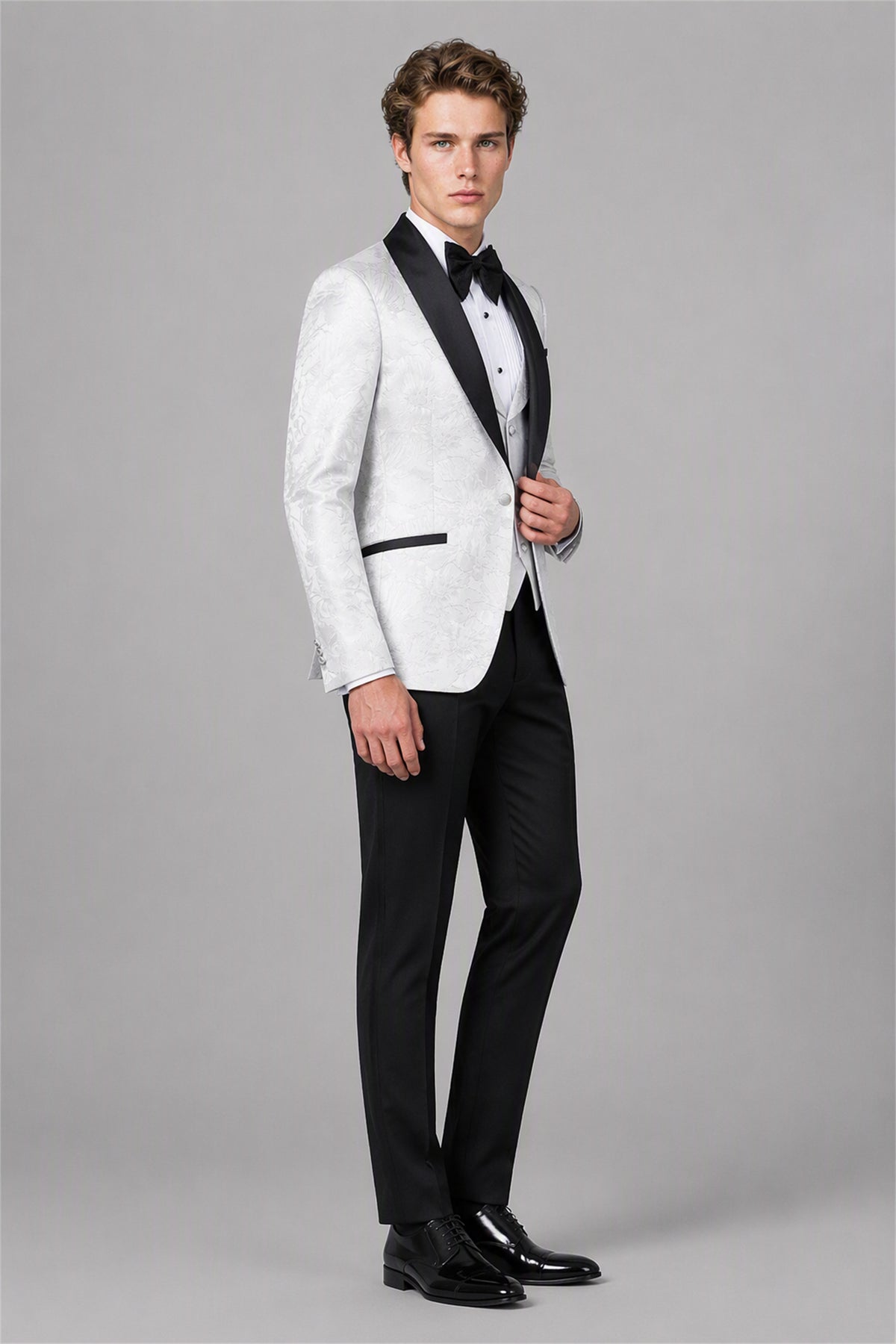 Men's White Floral Jacquard 3-Piece Tuxedo Suit Set – Front Full Length Relaxed Pose | Savile GA0192