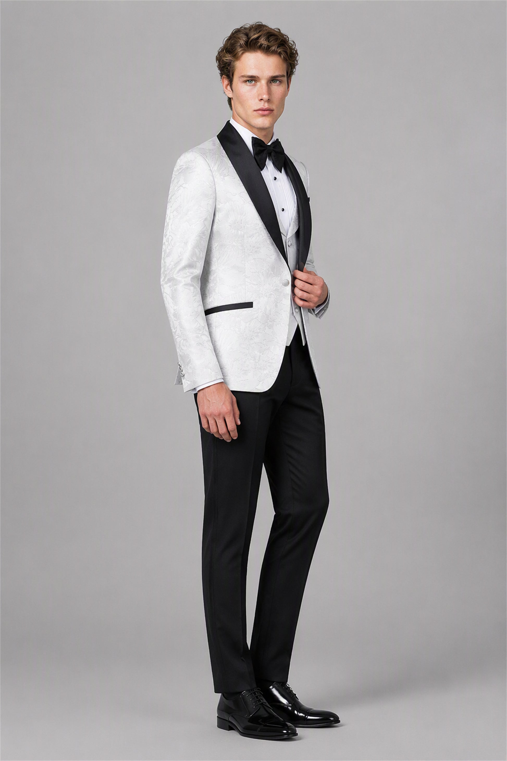 Men's White Floral Jacquard 3-Piece Tuxedo Suit Set – Front Full Length Relaxed Pose | Savile GA0192