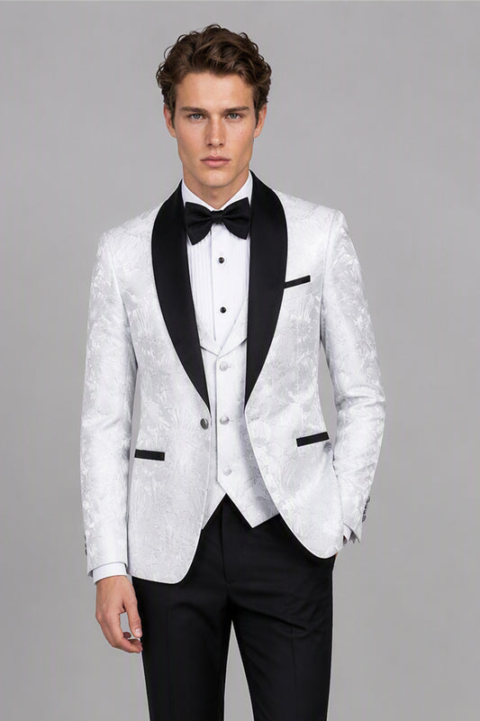 Men's White Floral Jacquard 3-Piece Tuxedo Suit Set – Side Lapel Detail View | Savile GA0192