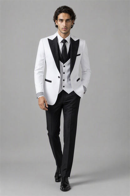 Men's White & Black Crystal Embellished 3-Piece Tuxedo Suit Set | Blazer, Vest & Trousers