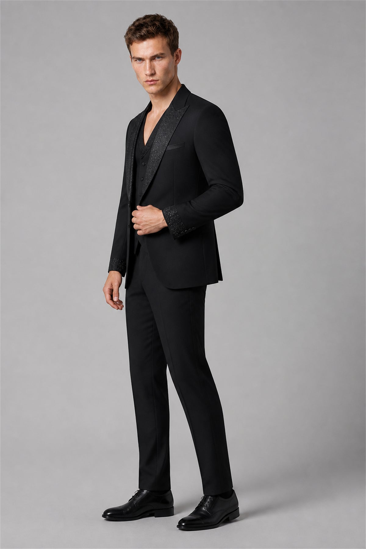 Men's All Black Crystal Embellished 3-Piece Tuxedo Suit Set – Walking Front Full Length | Savile GA0193