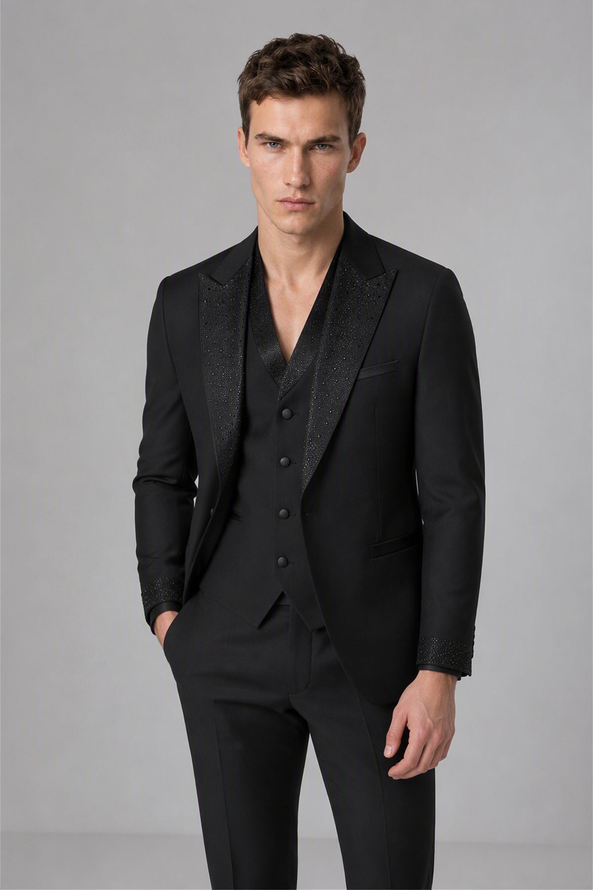 Men's All Black Crystal Embellished 3-Piece Tuxedo Suit Set – Side Full Length | Savile GA0193