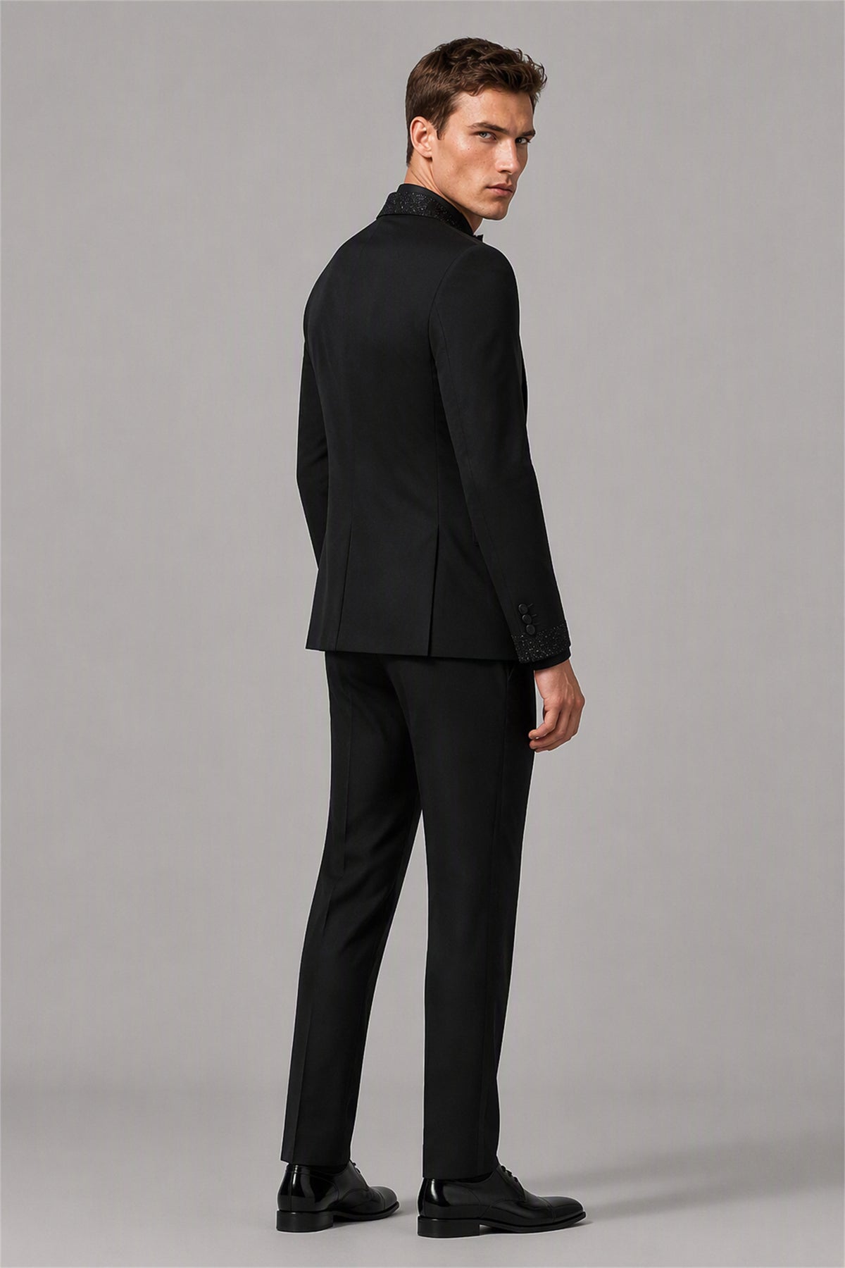 Men's All Black Crystal Embellished Tuxedo Blazer – Front Upper Body Close-Up | Savile GA0193