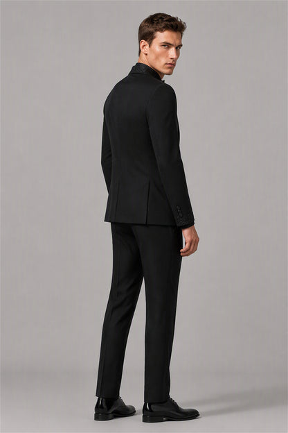 Men's All Black Crystal Embellished Tuxedo Blazer – Front Upper Body Close-Up | Savile GA0193