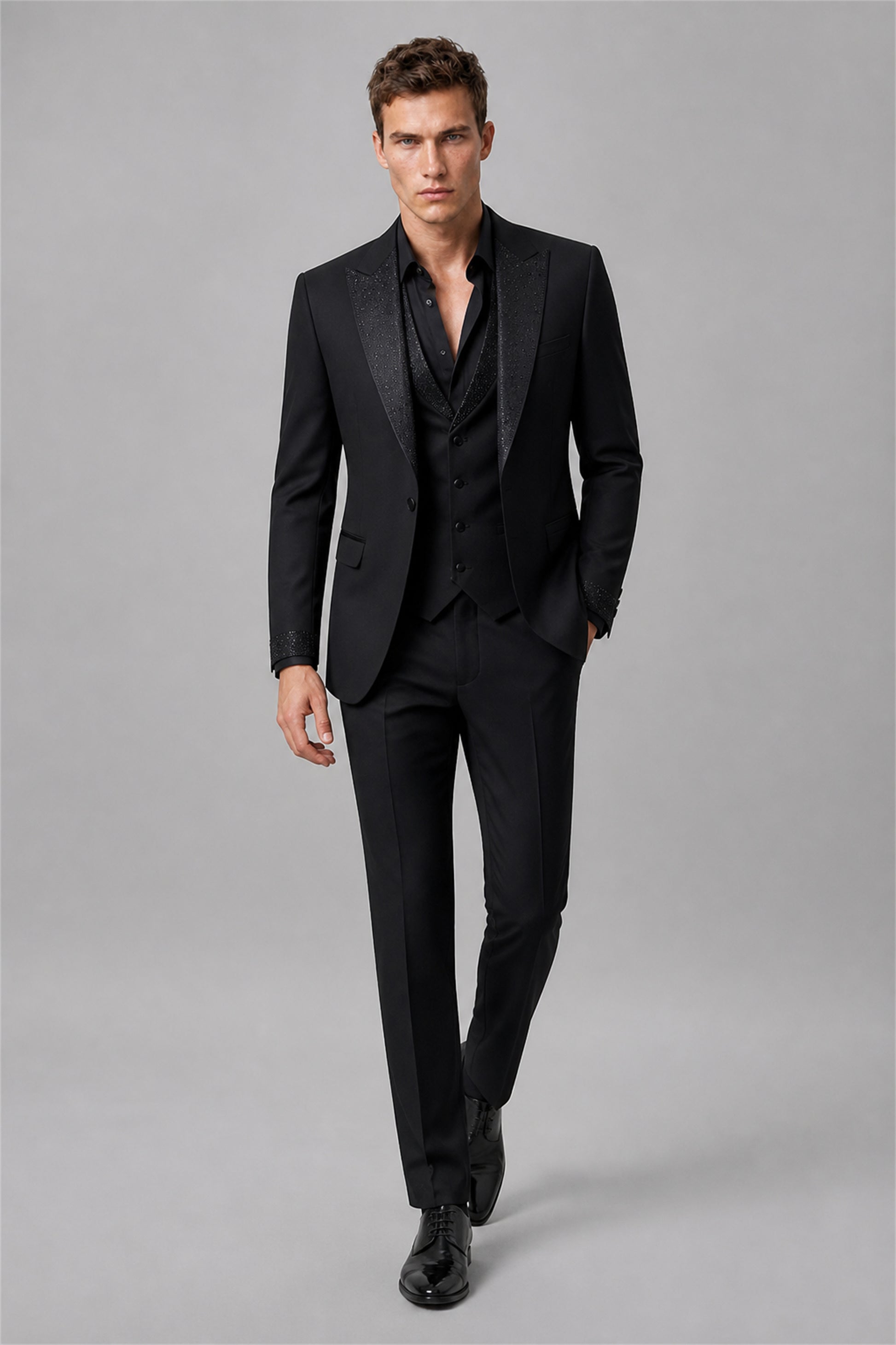Men's All Black Crystal Embellished 3-Piece Tuxedo Suit Set – Back View | Savile GA0193