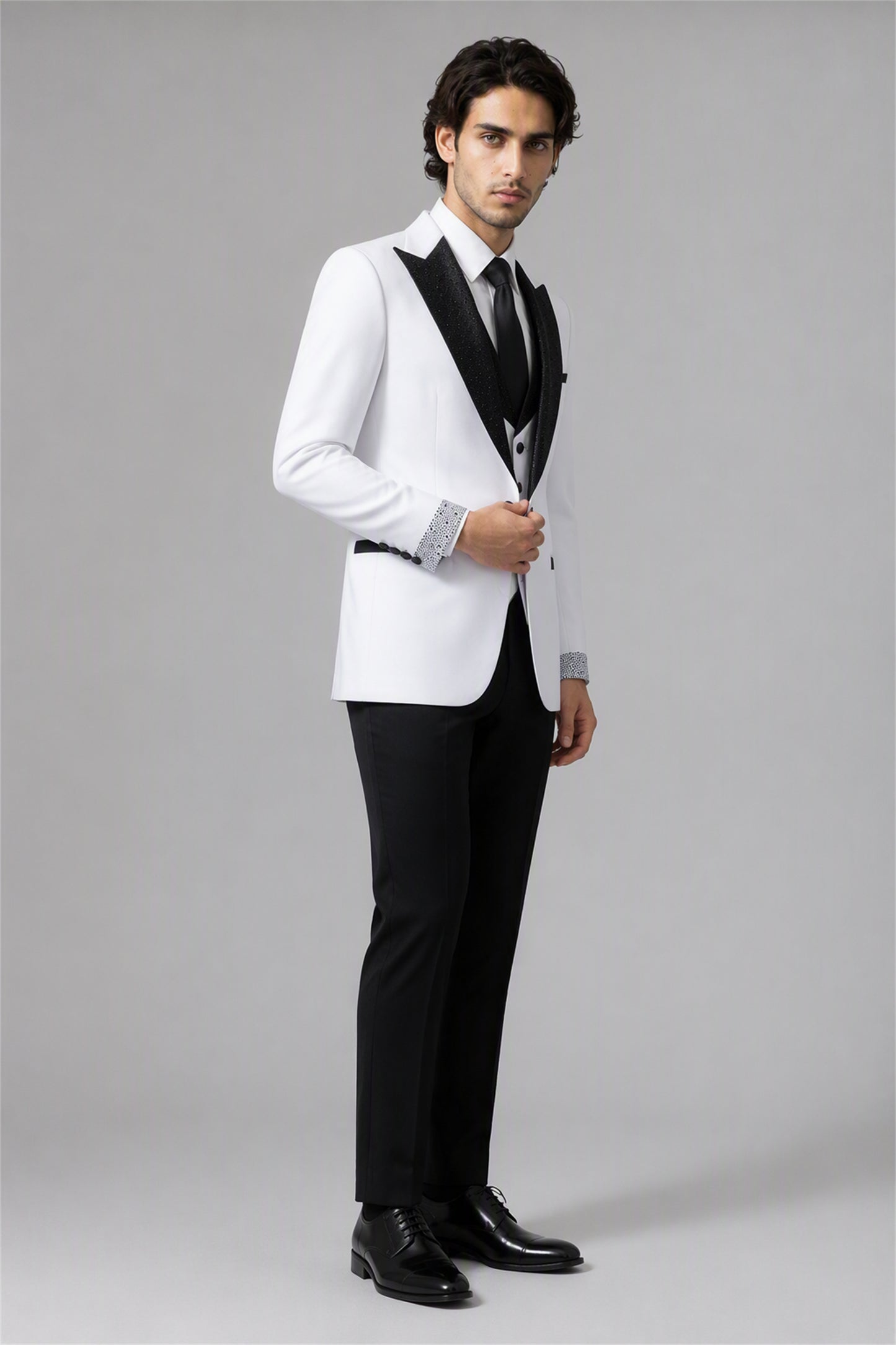 Men's White Black Crystal Embellished 3-Piece Tuxedo Suit Set – Front Full Length Standing | Savile GA0193