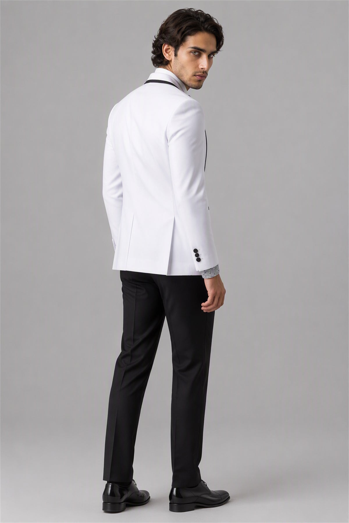 Men's White Black Crystal Embellished 3-Piece Tuxedo Suit Set – Side Full Length | Savile GA0193