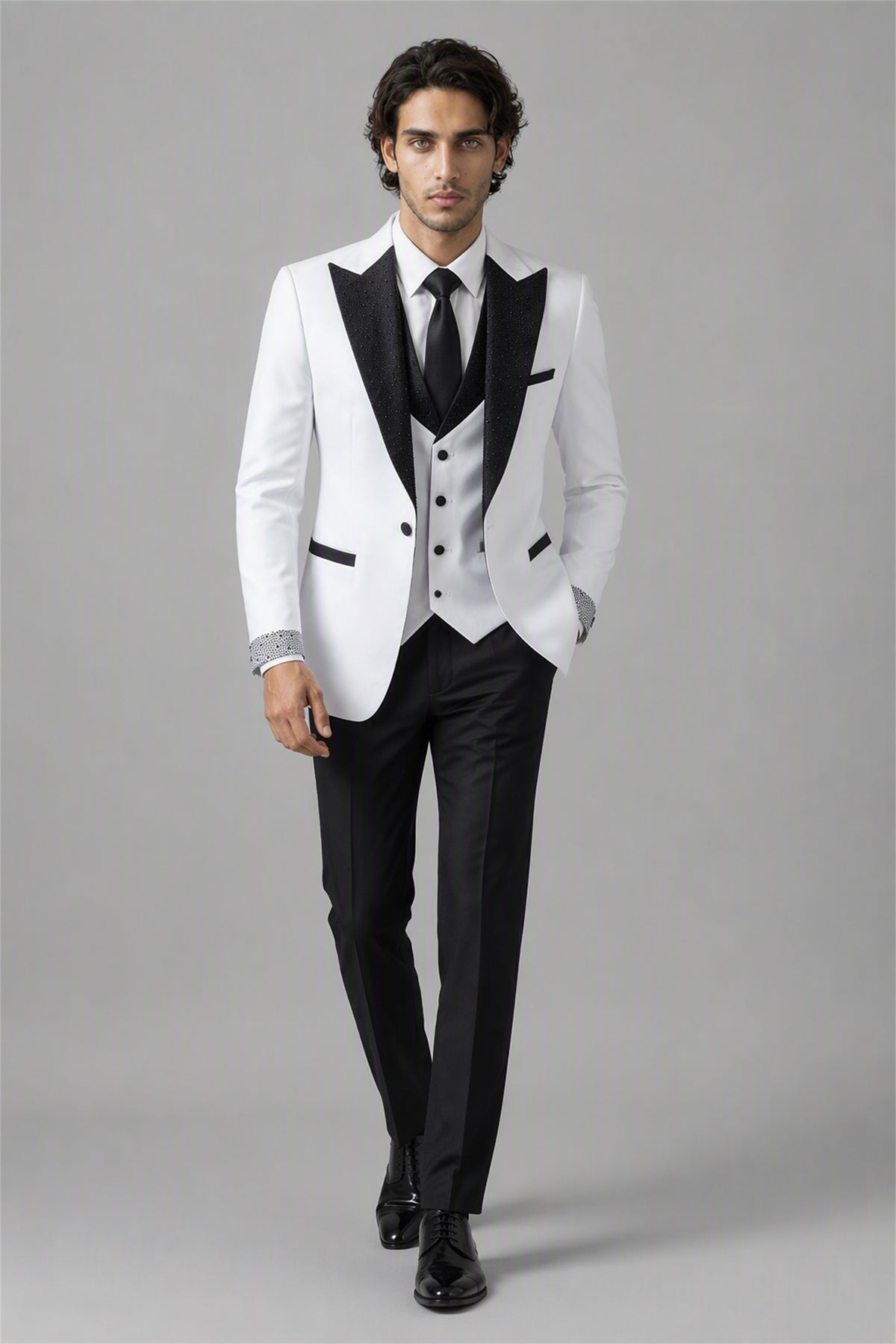 Men's White Black Crystal Embellished 3-Piece Tuxedo Suit Set – Back View | Savile GA0193