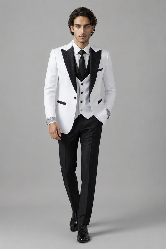 Men's White Black Crystal Embellished 3-Piece Tuxedo Suit Set – Back View | Savile GA0193
