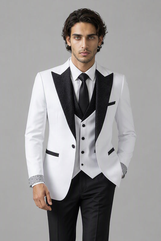 Men's White Black Crystal Embellished 3-Piece Tuxedo Suit Set – Walking Full Length | Savile GA0193
