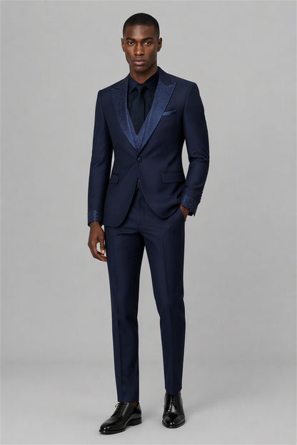 Men's Navy Blue Crystal Embellished 3-Piece Tuxedo Suit Set | Blazer, Vest & Trousers