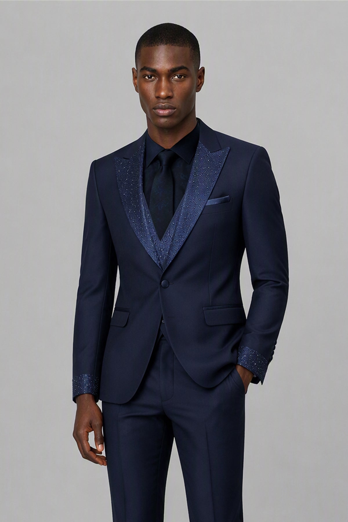 Men's Navy Blue Crystal Embellished 3-Piece Tuxedo Suit Set | Blazer, Vest & Trousers