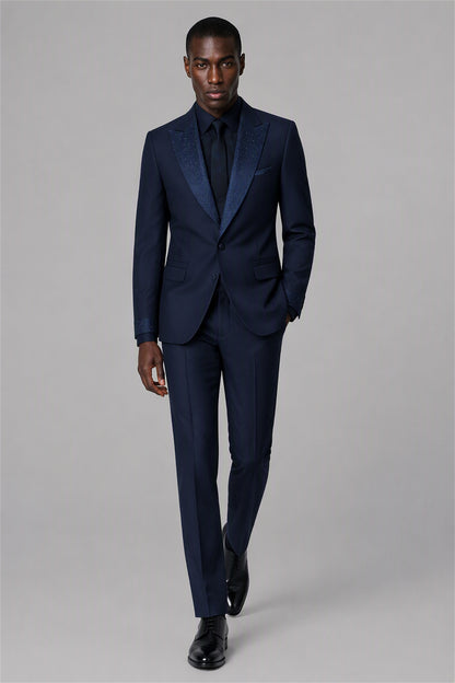Men's Navy Blue Crystal Embellished Tuxedo Blazer – Front Upper Body Close-Up | Savile GA0193