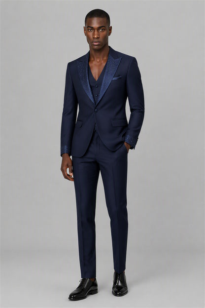 Men's Navy Blue Crystal Embellished 3-Piece Tuxedo Suit Set – Walking Full Length | Savile GA0193