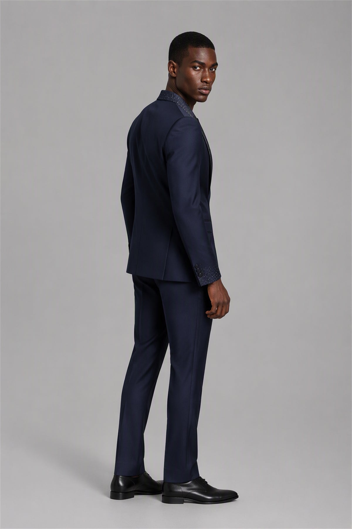 Men's Navy Blue Crystal Embellished 3-Piece Tuxedo Suit Set – Front Full Length Standing | Savile GA0193