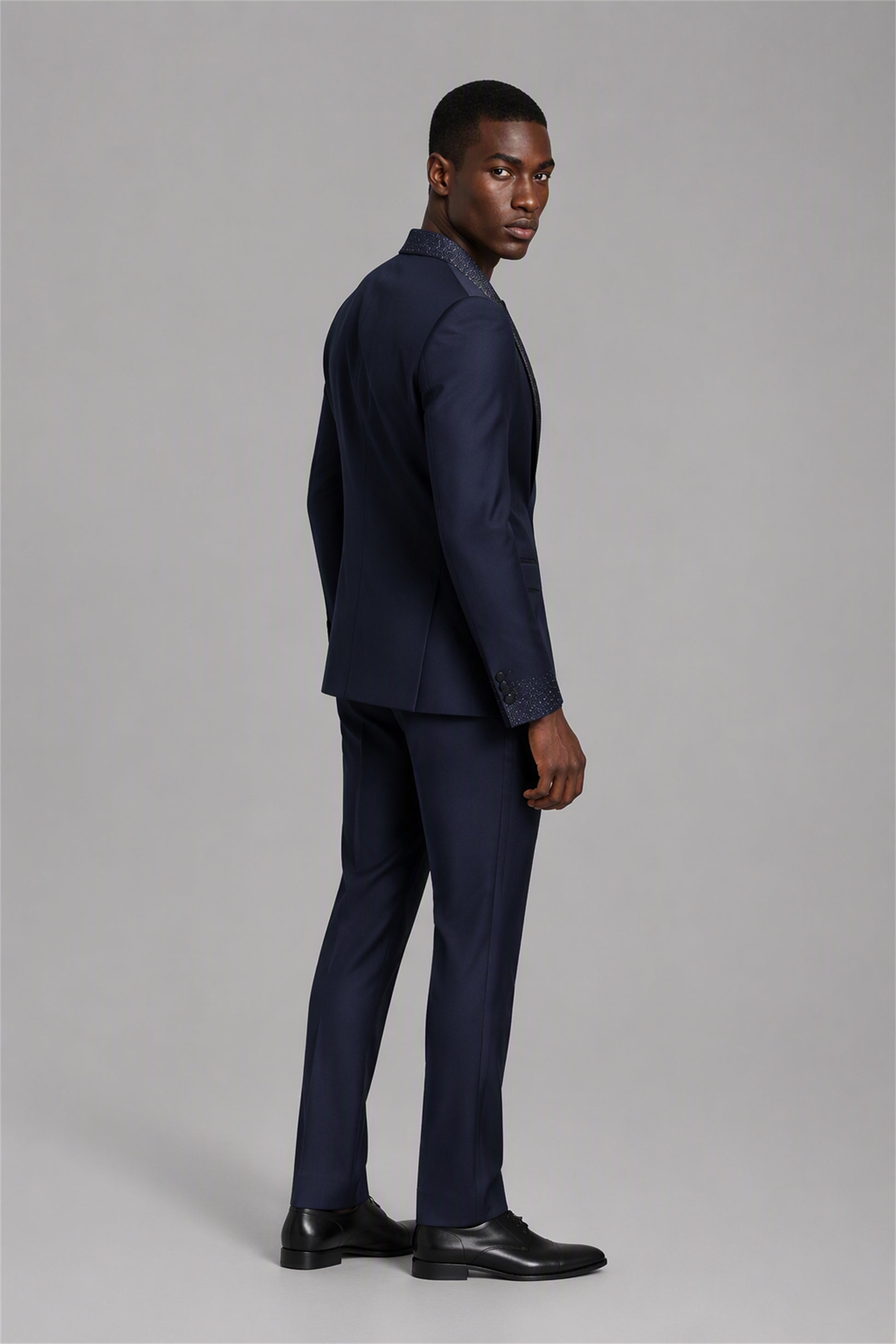 Men's Navy Blue Crystal Embellished 3-Piece Tuxedo Suit Set – Front Full Length Standing | Savile GA0193