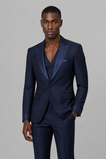 Men's Navy Blue Crystal Embellished 3-Piece Tuxedo Suit Set – Side Full Length | Savile GA0193