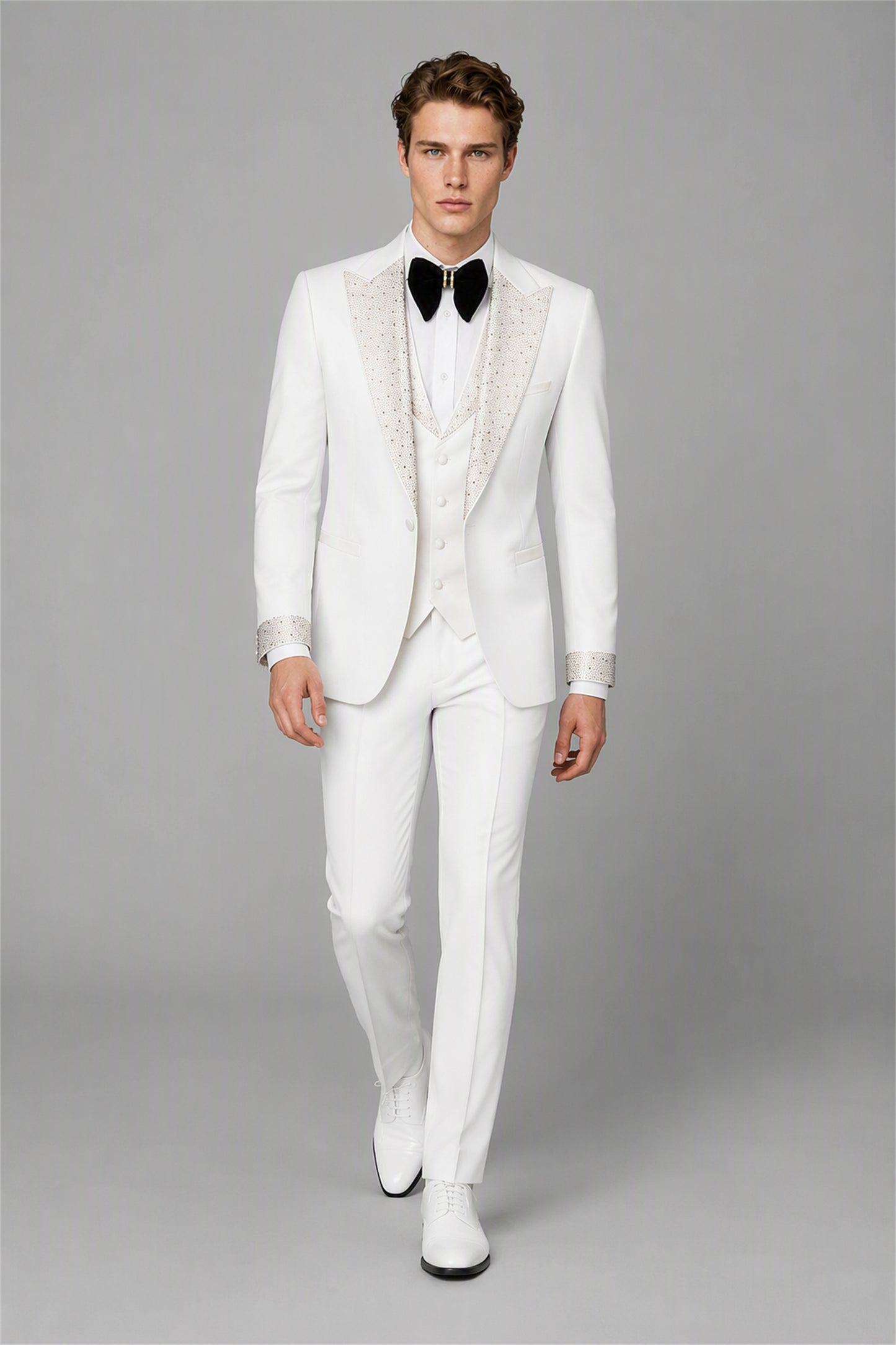 Men's All Ivory White Crystal Embellished Tuxedo Blazer – Front Upper Body Close-Up | Savile GA0193