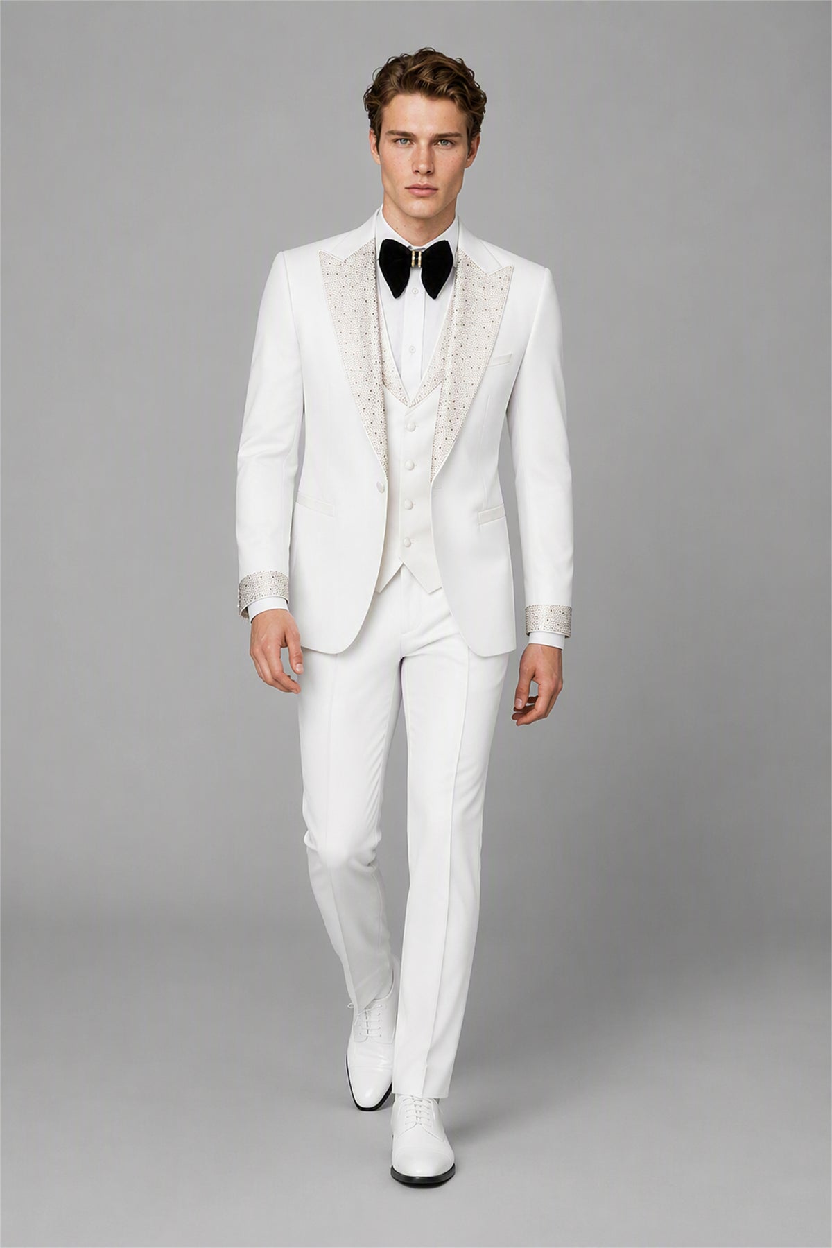 Men's All Ivory White Crystal Embellished Tuxedo Blazer – Front Upper Body Close-Up | Savile GA0193