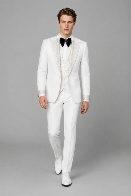 Men's All Ivory White Crystal Embellished Tuxedo Blazer – Front Upper Body Close-Up | Savile GA0193