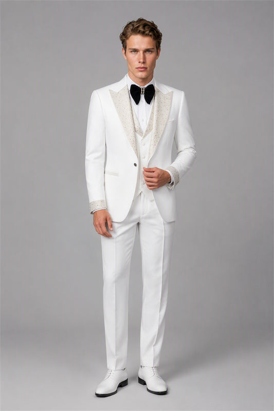 Men's All Ivory White Crystal Embellished 3-Piece Tuxedo Suit Set – Walking Full Length | Savile GA0193