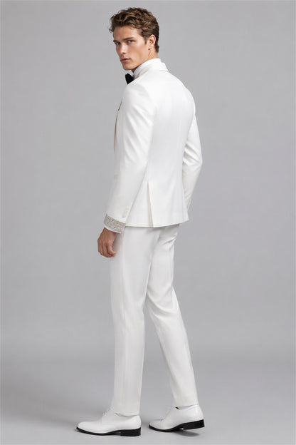 Men's All Ivory White Crystal Embellished 3-Piece Tuxedo Suit Set – Front Full Length Standing | Savile GA0193
