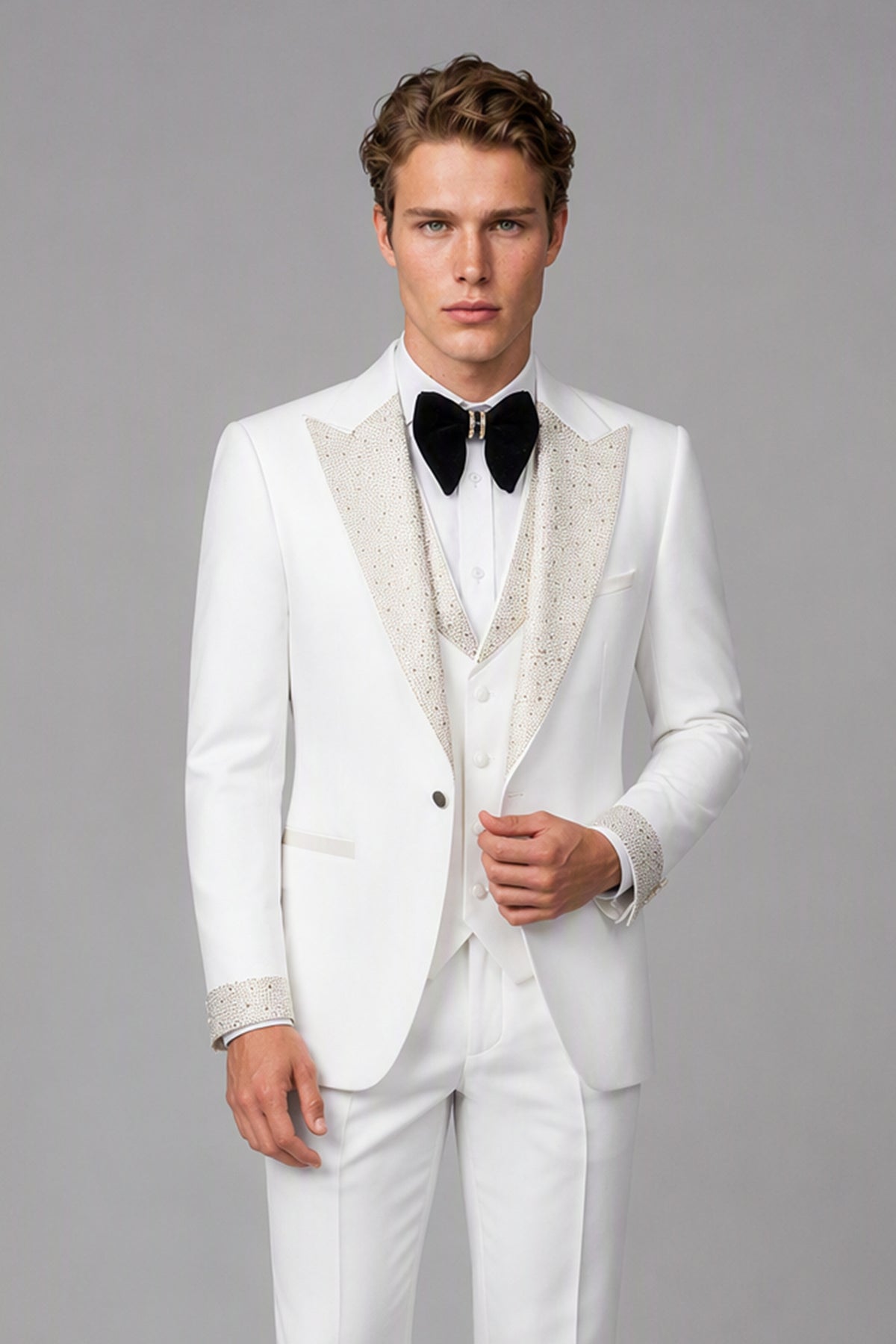 Men's All Ivory White Crystal Embellished 3-Piece Tuxedo Suit Set – Back Side View | Savile GA0193