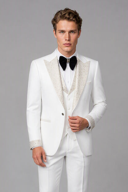 Men's All Ivory White Crystal Embellished 3-Piece Tuxedo Suit Set – Back Side View | Savile GA0193
