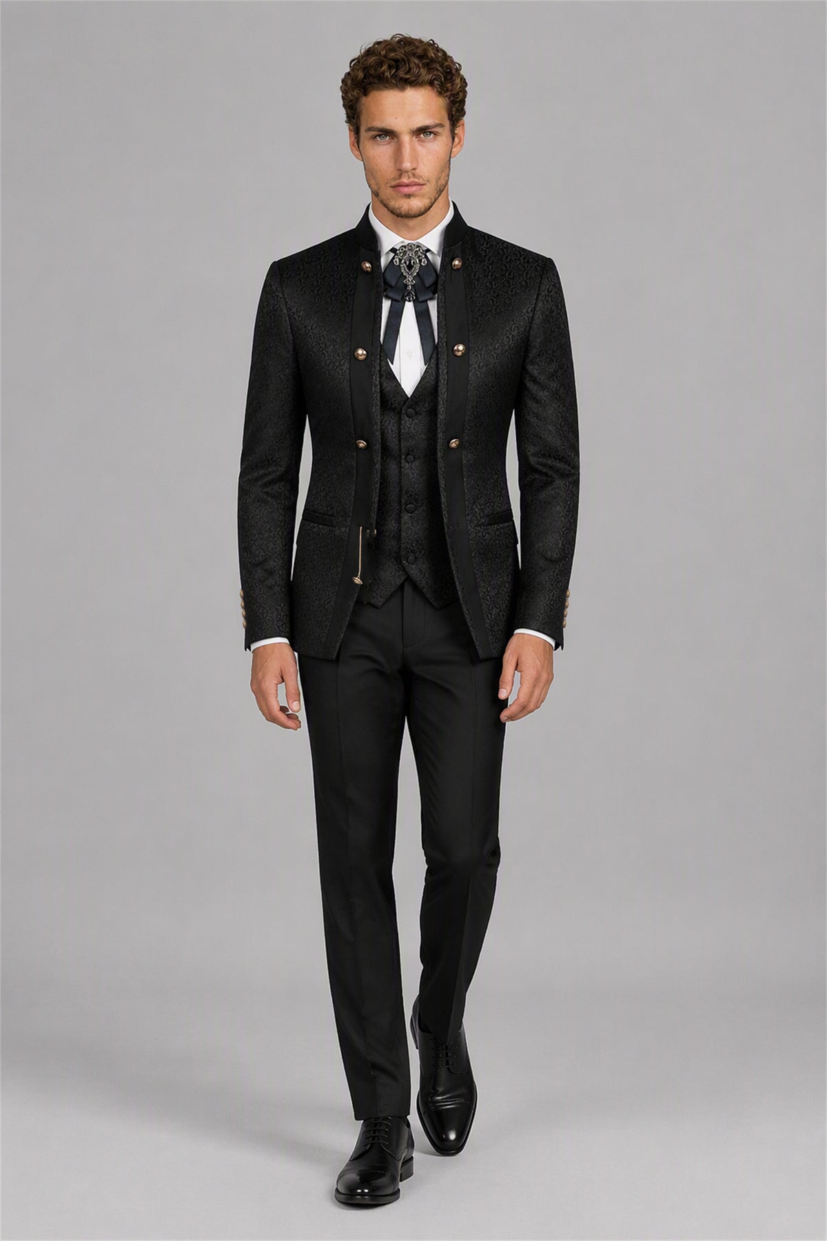 Men's Black Jacquard Mandarin Collar Military 3-Piece Suit Set - Collar and Vest Detail View