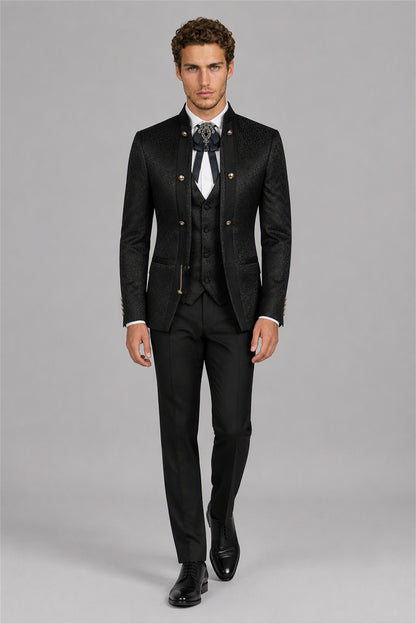 Men's Black Jacquard Mandarin Collar Military 3-Piece Suit Set - Collar and Vest Detail View
