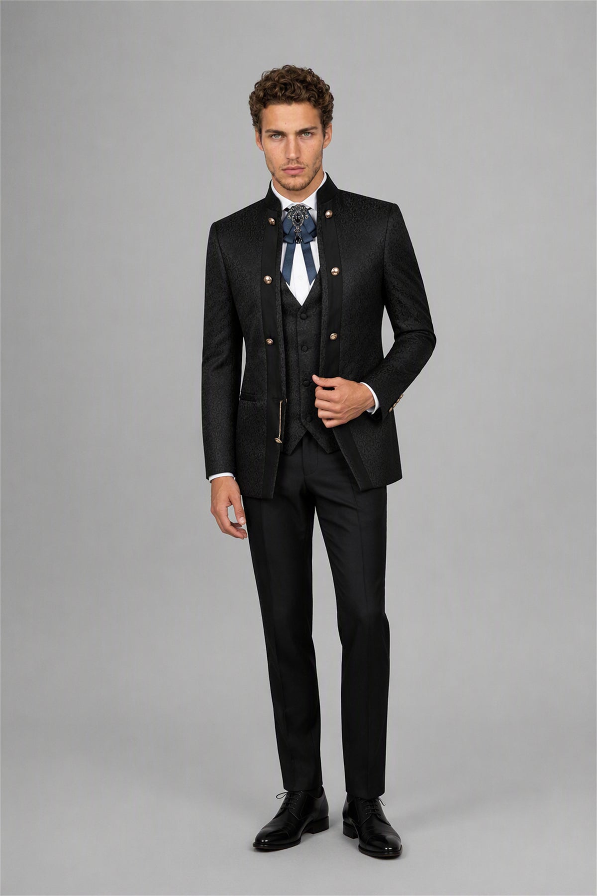 Men's Black Jacquard Mandarin Collar Military 3-Piece Suit Set - Full Body Front View