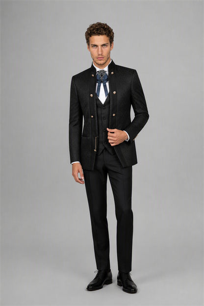 Men's Black Jacquard Mandarin Collar Military 3-Piece Suit Set - Full Body Front View
