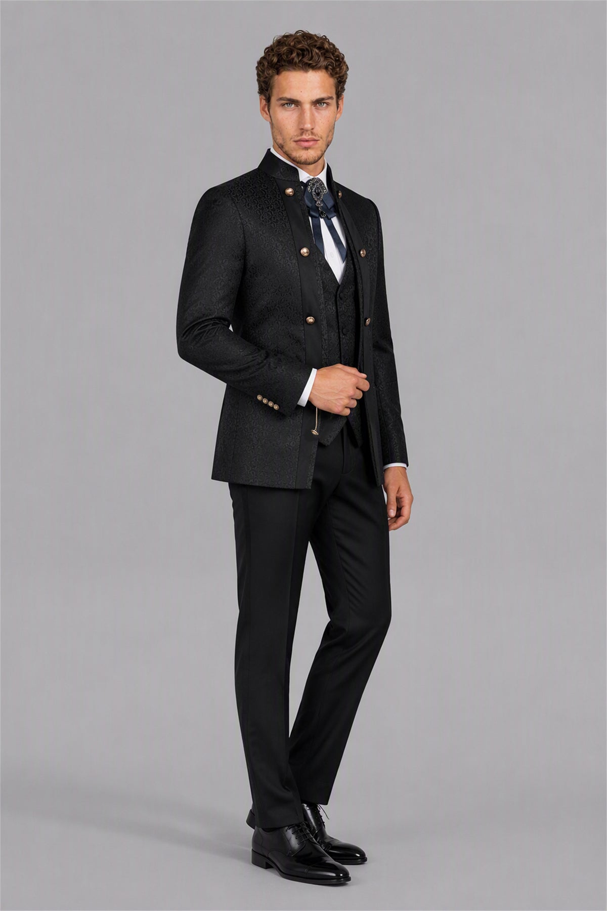 Men's Black Jacquard Mandarin Collar Military 3-Piece Suit Set - Full Length Front View