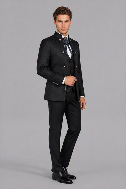 Men's Black Jacquard Mandarin Collar Military 3-Piece Suit Set - Full Length Front View