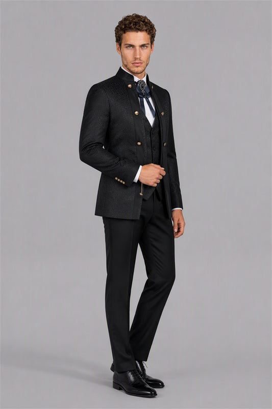 Men's Black Jacquard Mandarin Collar Military 3-Piece Suit Set - Full Length Front View