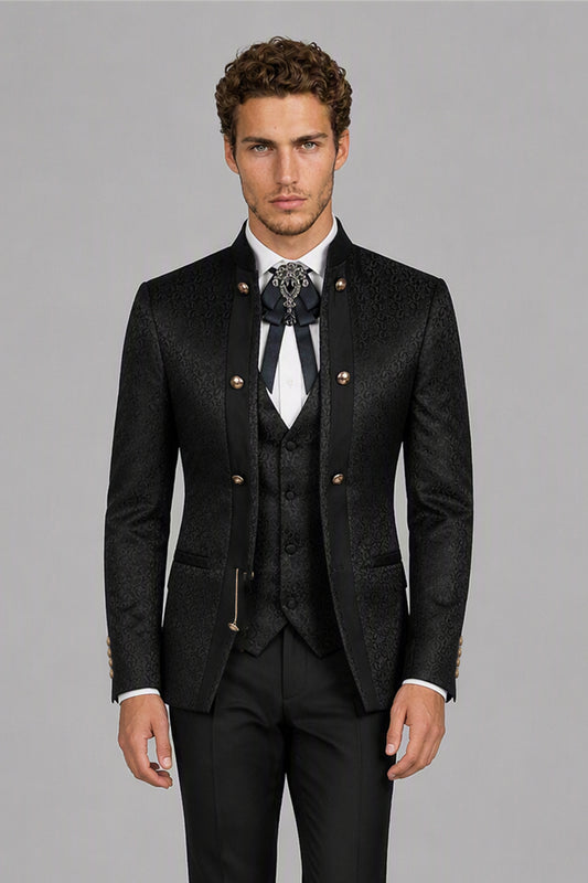 Men's Black Jacquard Mandarin Collar Military 3-Piece Suit Set - Side Profile View
