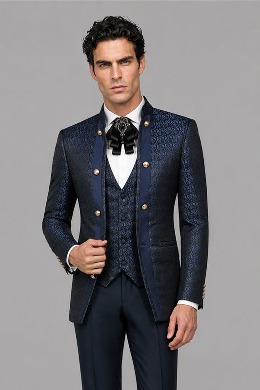 Men's Navy Blue Jacquard Mandarin Collar Military 3-Piece Suit Set | Blazer, Vest & Trousers