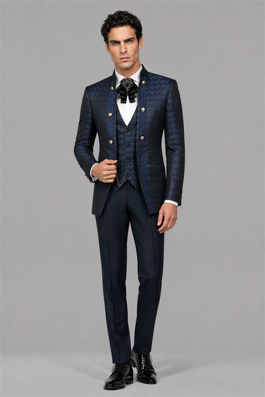 Men's Navy Blue Jacquard Mandarin Collar Military 3-Piece Suit Set – Back Full Length | Savile GA0194