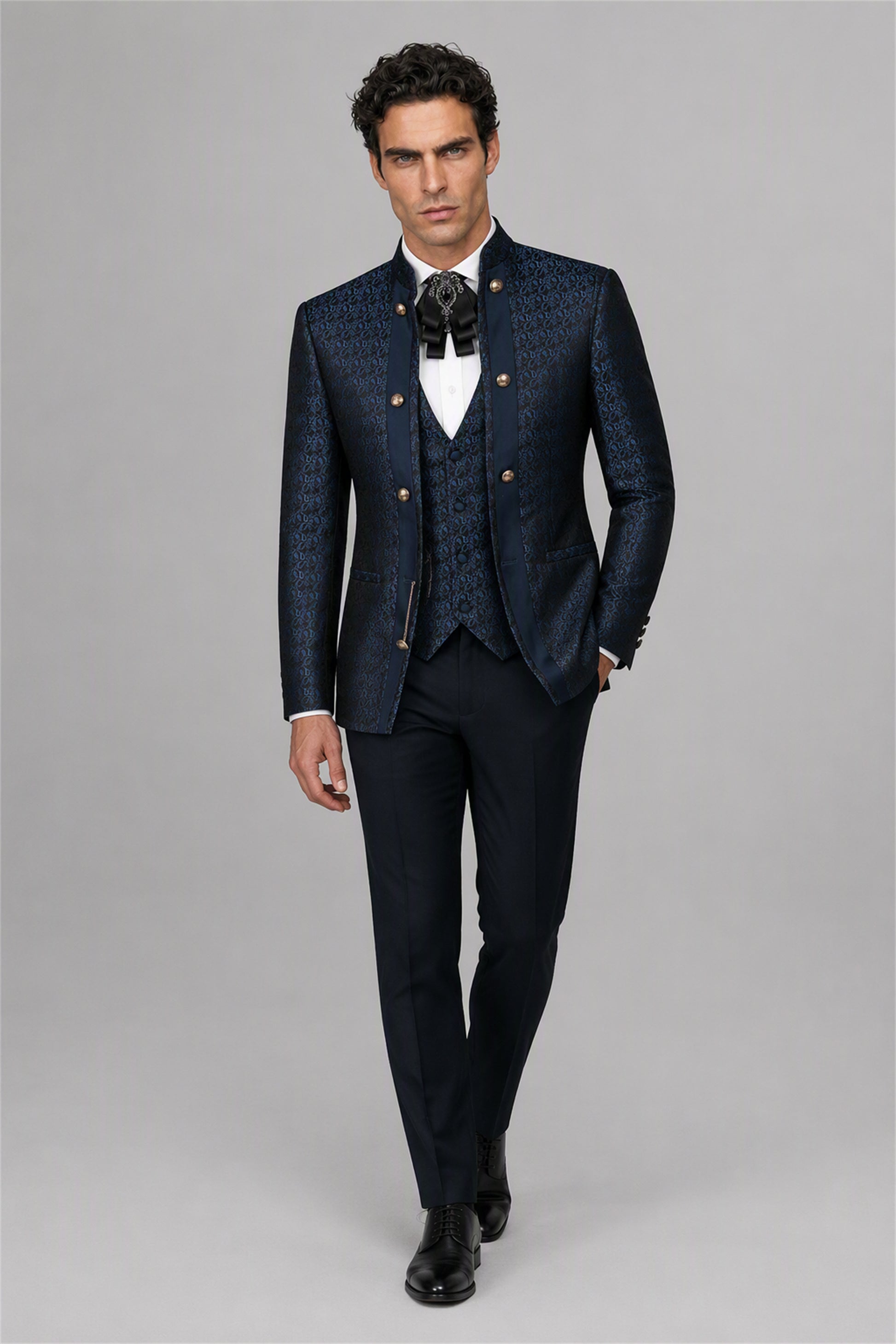 Men's Navy Blue Jacquard Military 3-Piece Suit Set – Front Full Length Holding Lapel | Savile GA0194